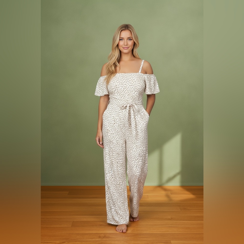 VENETIAN BLOOM OFF SHOULDER WHITE FLORAL TIE BELT JUMPSUIT - Picture 3 of 7